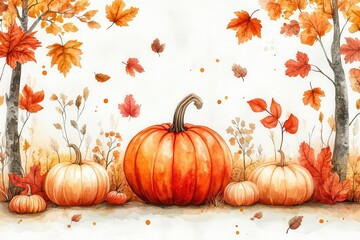 Naklejka premium seamless pattern featuring autumn elements like trees pumpkins and leaves rendered in watercolor style the warm colors and playful composition evoke feelings of harvest and seasonal celebration