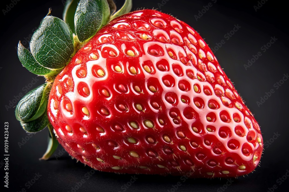 Poster hyper-realistic close-up of a strawberry, showing the intricate details of its seeds and vibrant red
