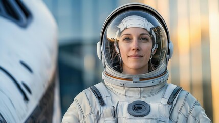 Female astronaut in a space suit, standing proudly before boarding a shuttle for a mission   space exploration, women in STEM, empowerment