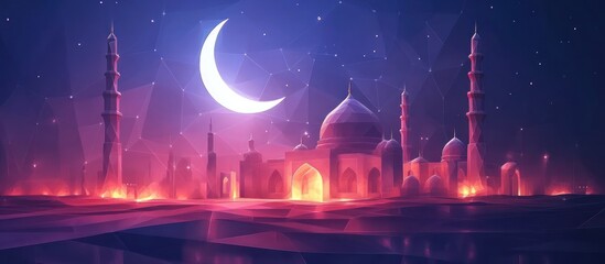 Fototapeta premium mosque and arabic moon polygonal, geometry triangle. Light connection structure
