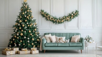 Formal living room with velvet furniture, a luxurious Christmas tree adorned with gold ornaments, and matching garlands   luxury Christmas, elegant living