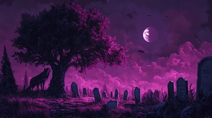 Mysterious graveyard under a purple moonlit sky.