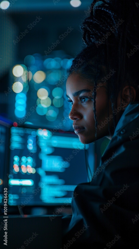 Wall mural enigmatic profile of a person bathed in blue light, gazing intently at an unseen display, surrounded