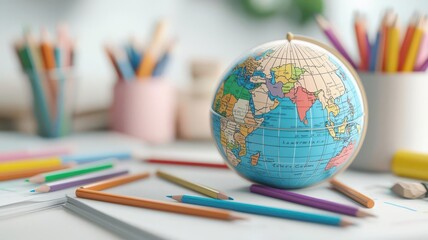 Globe with scattered pens and pencils on a desk, global learning concept, 3D illustration