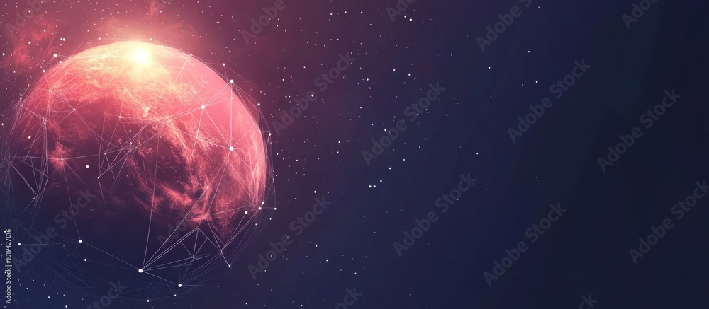 Poster planet in space polygonal, geometry triangle. light connection structure