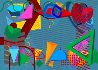 Busy geometrical graphic retro theme cover. Minimal geometric elements poster design. Vintage abstract shapes template for poster banner.