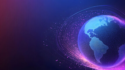 Fototapeta premium Abstract technology background design with a blue gradient and glowing light effects design, an AI icon in the center of the planet Earth on a dark purple background design