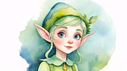 Watercolor illustration of cute cartoon festive christmas elf portrait.