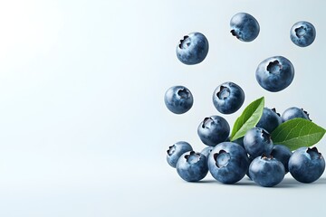 Visually striking studio shot of many blueberries floating and suspended in mid air over a clean white background captured in a and dynamic style