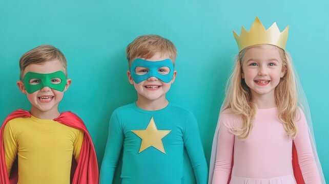 Kids dressing up in costumes from a dressup box, pretending to be superheroes and princesses   costume play, imaginative fun