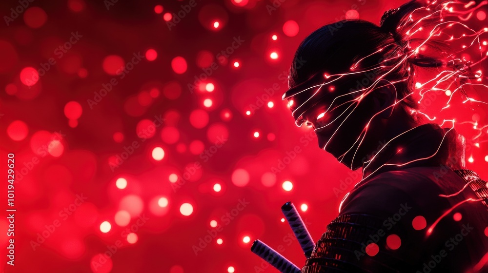 Sticker Ninja silhouette with glowing lights, artistic red bokeh background