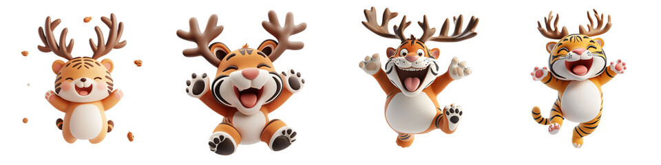 Naklejka premium PNG 3d icons and objects collection Cute animated animals with antlers and joyful expressions, on transparent, white background, isolate