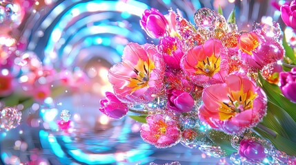 vibrant bouquet of pink and yellow tulips surrounded by sparkling bubbles creates joyful and enchanting atmosphere. colorful background enhances beauty of flowers, making it perfect representation of