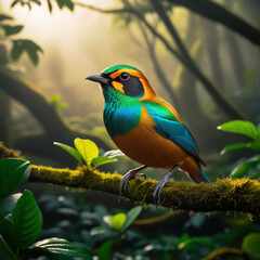 Fototapeta premium Vibrant Tropical Bird Perched on a Mossy Branch in Dense Forest