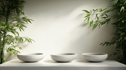 Fototapeta premium Three minimalist bowls displayed with bamboo accents on a neutral background.