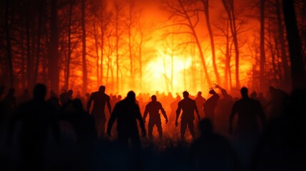 Silhouetted figures in a fiery forest, symbolizing struggle and chaos.