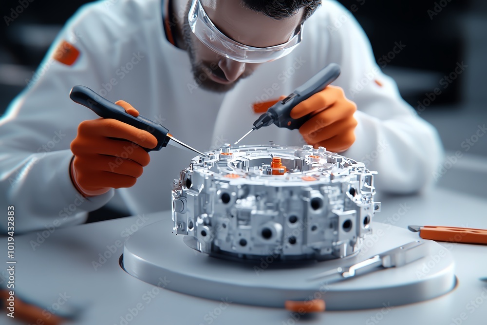 Poster Hyper-realistic depiction of an engineer using precision tools to reverse engineer a complex mechanical part, with detailed textures of metal and tools