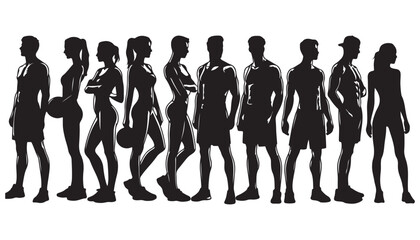 men and women, figures of a group of standing sports  silhouette vector illustration black and white art