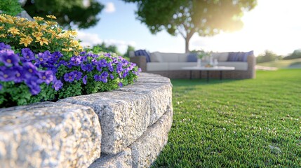 Stone Retaining Wall with Blooming Flowers and Patio Furniture in Background