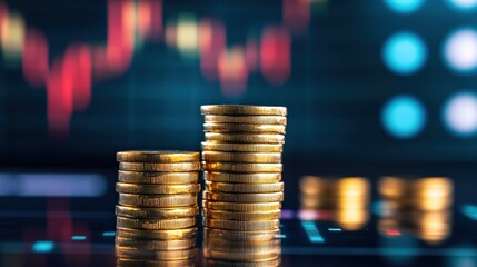 Stacks of coins on a reflective surface with financial graphs in background.