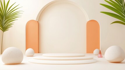 Fototapeta premium Modern abstract display with geometric shapes and green leaves, in soft pastel colors.