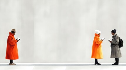 People in colorful coats engaged with smartphones, minimalistic background.