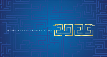 Happy Chinese New Year 2025 cyberspace abstract golden high technology modern and mystic snakes 2025 typography on maze blue background