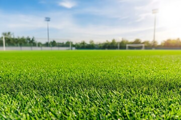 Vibrant Close up View of Thick Verdant Grass Covering the Surface of a Soccer Field Ready for Sports Activities and Games