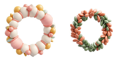 Obraz premium PNG 3d icons and objects collection Colorful decorative wreaths made of various shapes and materials, on transparent, white background, isolate