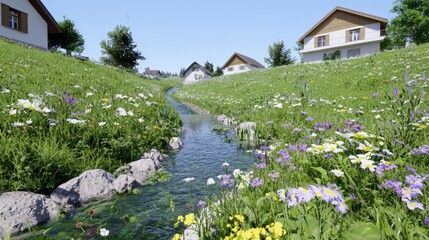 Idyllic Countryside Stream  Rolling Hills  Flower Meadow  Farmhouse  Summer Landscape