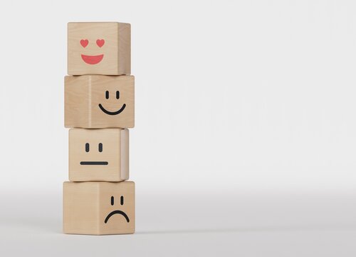 Satisfaction and customer service concept, wooden blocks and icons represent satisfaction from service.3D rendering on black background.
