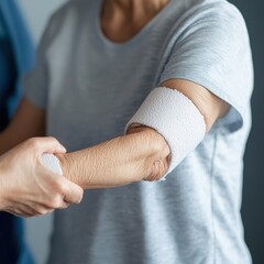Obraz premium Close-up of a bandaged arm, showcasing care and healing process.