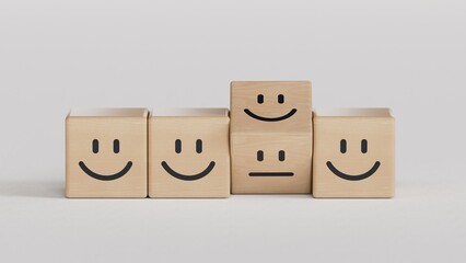 wood cube arrange in shape, business concept.Wood cube with smile, normal and sad face. Facial expressions. Mental health assessment.3D rendering on black background.
