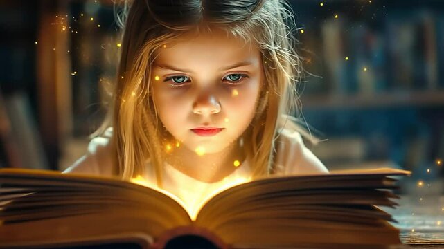 Beautiful little girl reading magic book. Created with Generative AI.
