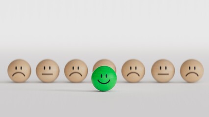 Naklejka premium Closeup - emoji emoticon happy smiley face on set of emoji emoticons with sad mood, evaluation, Increase rating, Customer experience, Satisfaction and best excellent services rating concept, 3d render