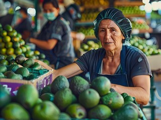 Fototapeta premium AI-Generated image of A woman wearing a hat stands in front of a pile of avocados. She is smiling and she is enjoying her work