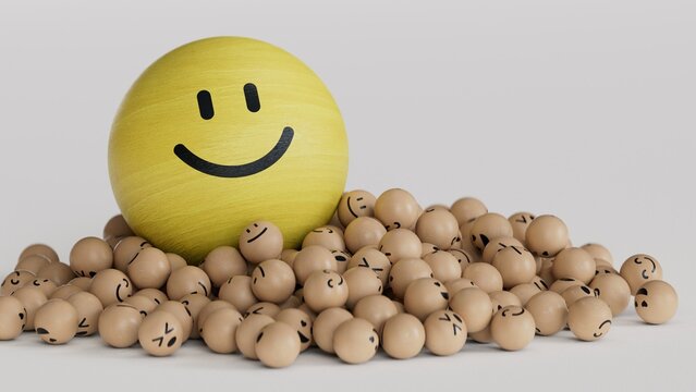 BIG SMILL YELLOW face in a group of smileys - 3d Illustration..3D rendering on black background.
