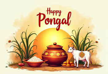 Colorful Happy Pongal Festival Illustration Design with ai generative