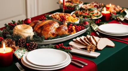 Traditional dining room with a large Christmas feast, festive table runners, and candles in red and green hues   holiday dining, traditional Christmas