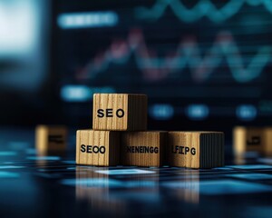 Wooden blocks with SEO letters on a digital data background.