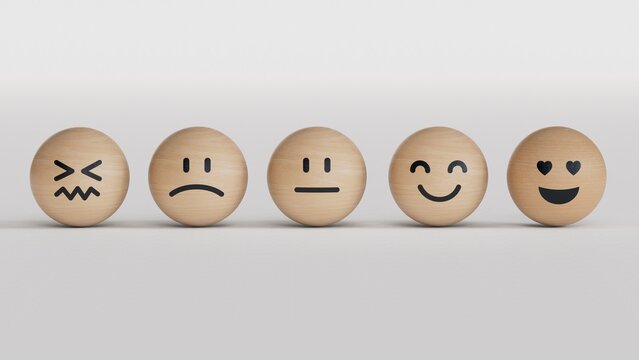 Customer satisfaction rating. The scale of emotions with smiles.3D rendering on black background.
