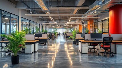 Bright, open office space with numerous desks, vibrant plants, and a shiny floor that reflects the overhead lighting.
