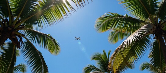Fototapeta premium Plane soaring above palm tree-lined horizon during summer season