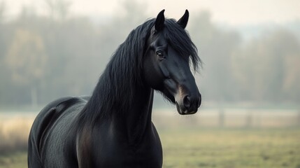 Black Horse in a Misty Meadow