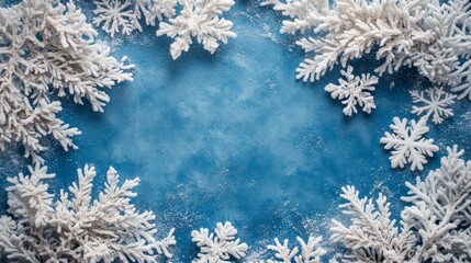 White Snowflakes and Branches Surrounding Blue Background