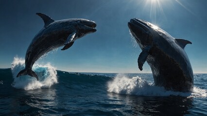 Sculpt Poseidon dancing with a giant whale in the ocean, set against the deep blue sea and shining sunlight, symbolizing the beauty and vitality of the ocean.