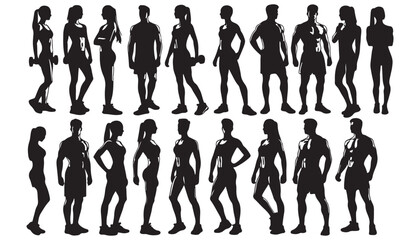 men and women, figures of a group of standing sports  silhouette vector illustration black and white art