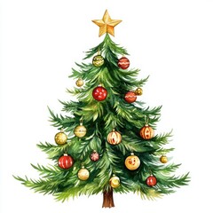 Fototapeta premium Watercolor Christmas Tree with Colorful Ornaments and Golden Star on Top Isolated on White Background