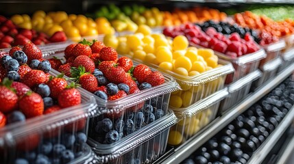 Colorful display of fresh fruits in a grocery store.