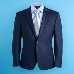 Sophisticated Navy Suit with Light Blue Shirt and Silver Tie on Blue Background